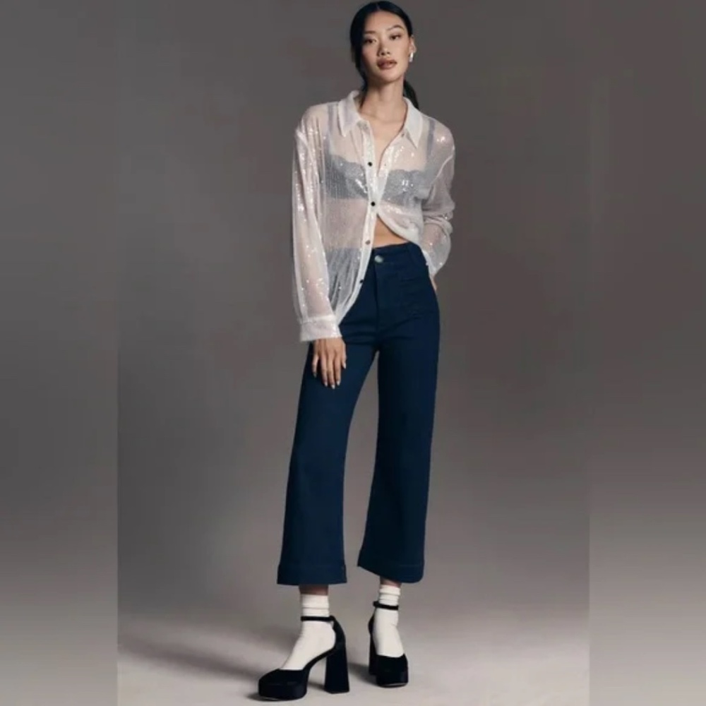 Anthropologie The Colette Cropped High-Rise Wide-Leg Jeans by Maeve Dark Blue 27